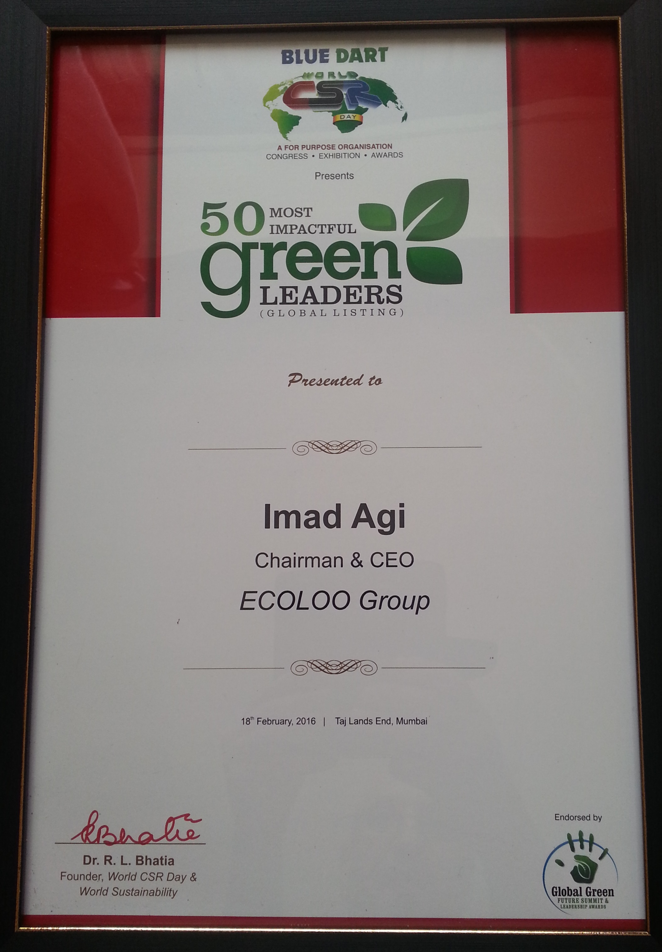 ECOLOO Award: 50 Most Impactful Green Leaders-2016